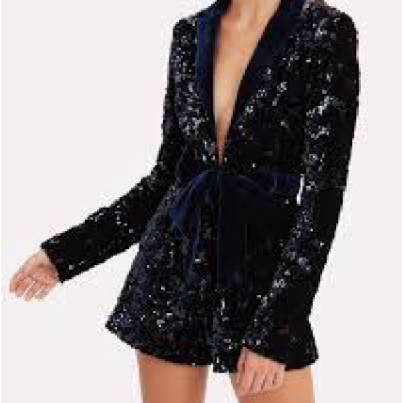 Alexis Pamina Sequin Belted Long Sleeve Romper in Navy Blue Size Medium - Picture 4 of 8